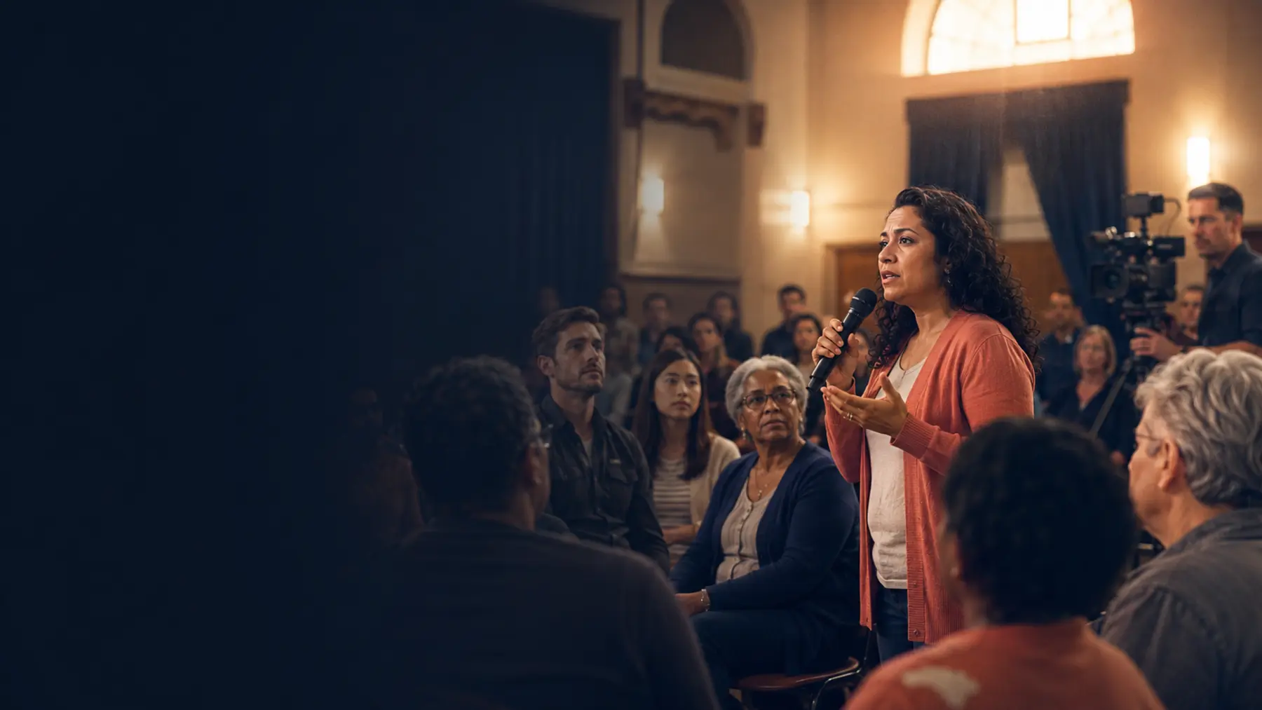 A woman speaking into a microphone at a community town hall while a diverse audience listens attentively