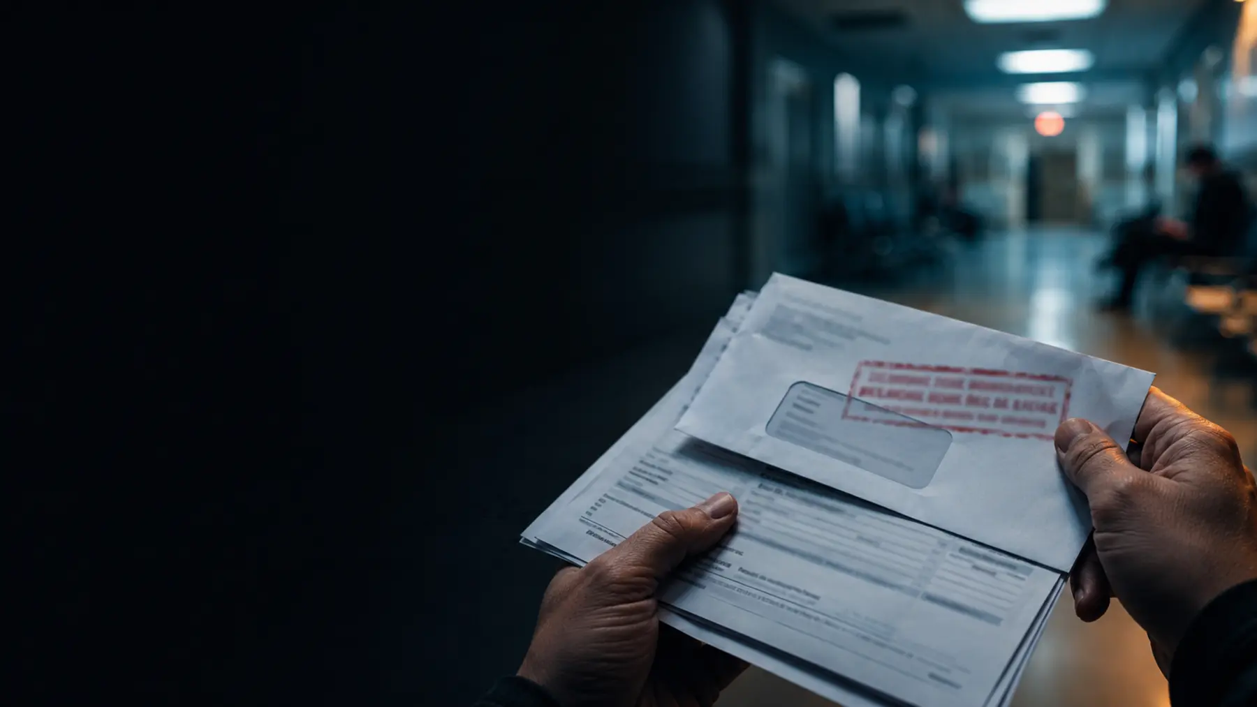 Hands holding medical bills and documents in a dimly lit hospital corridor