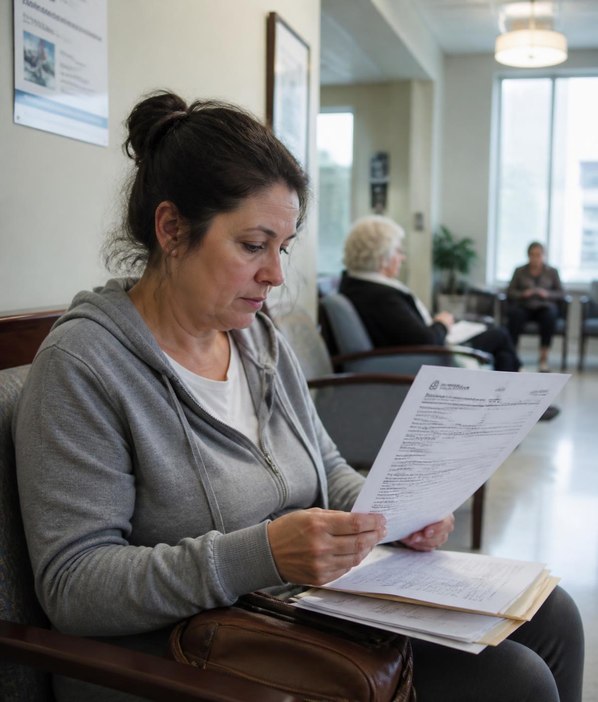 A patient reviewing healthcare paperwork in a hospital waiting area